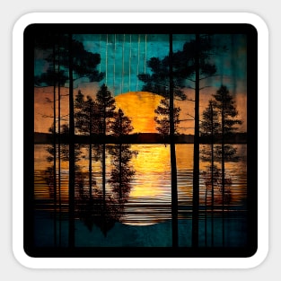 Golden Sunset Horizon Trees Silhouettes Serene Teal Lake Reflections Sticker